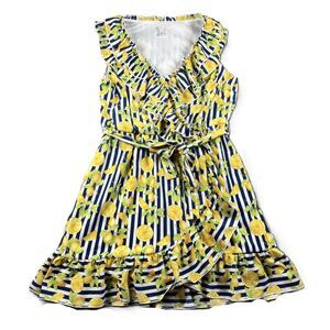 Cato Faux Wrap Dress Lemons Stripes Belted Ruffles Navy White Yellow Large M119